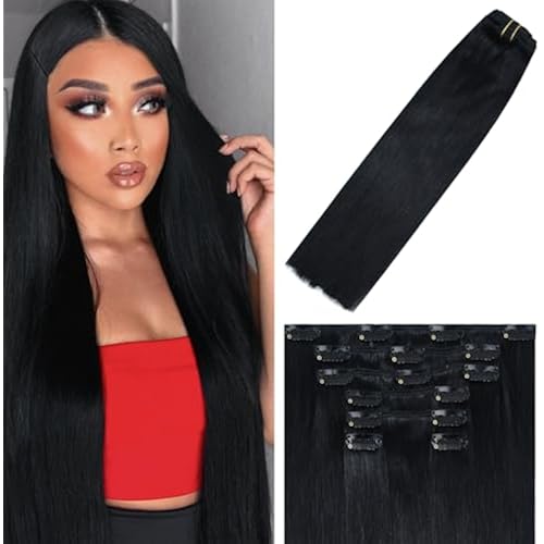 WindTouch Clip in Hair Extensions Real Human Hair #1 Jet Black Hair Extensions 15Inch 7pcs 75g Straight Remy Human Hair Clip in Extensions Soft Natural Clip Ins Real Human Hair Black Women