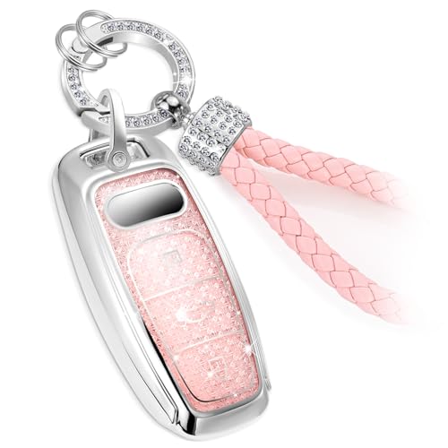 Coverforkey for Audi Key Fob Cover with Fashion Braided Keychain, Enchanting Diamond Patterns Soft Case for Audi A3 A6-A8 E-Tron S3 RS6-7 SQ7-8 (Pink, D)