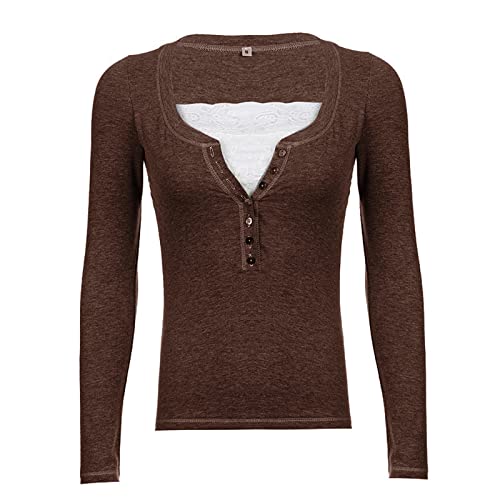 Fairy Grunge Shirt for Women Y2K Lace Patchwork Long Sleeve Henley Top Coquette Aesthetic Cute Shirts for Teen Girls2