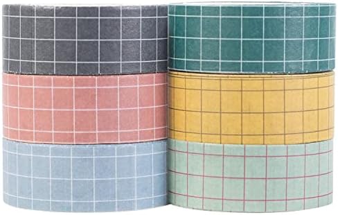 YUBX Grid Washi Tape Set 6 Roll Decorative Tapes for DIY Crafts, Bullet Journals, Planners, Scrapbooking, Wrapping