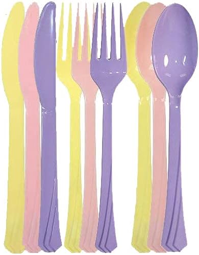 Tiger Chef 504-Pack Dora Colors Plastic Cutlery Set Heavy Duty Plastic Silverware Set includes 24 Forks, 24 Teaspoons, and 24 Knives in Pink, Yellow and Purple Dora Explorer Colors Party Supplies