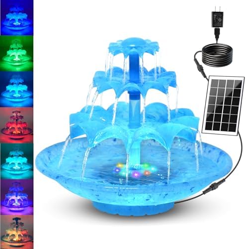 3.5W Solar Fountain Pump for Bird Bath, 3-Tier Blue Solar Water Pump with 8 LED Lights, 32.8FT Power Cord and Adapter Included, Dual-Powered for 24/7 Use for Garden, Pond, Pool and Fish Tank