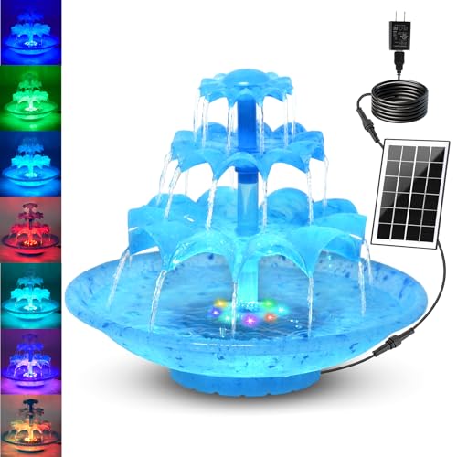 3.5W Solar Fountain Pump for Bird Bath, 3-Tier Blue Solar Water Pump with 8 LED Lights, 32.8FT Power Cord and Adapter Included, Dual-Powered for 24/7 Use for Garden, Pond, Pool, Fish Tank and Lawn