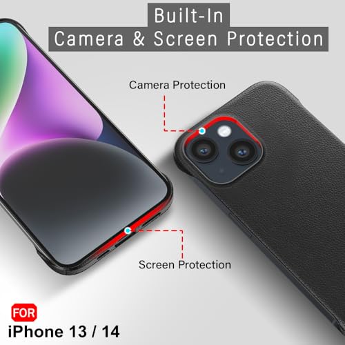 Image of TheGiftKart Hybrid Ultimate Slim Back Case Cover for iPhone 13 / iPhone 14 | Lightweight Profile | Hard Back Case Cover for iPhone 13 /14 (PC & TPU, Metal Camera Ring, Leather Texture Finish, Black)