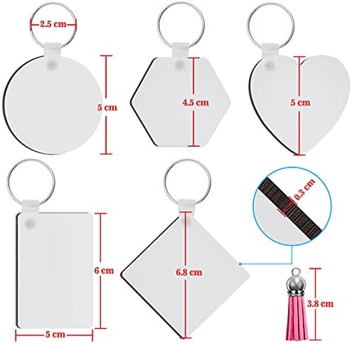 Duufin 105 Pcs Sublimation Keyring Blanks Set with 35 Pcs Heat Transfer MDF Blanks 35 Pcs Keychain Tassels and 35 Pcs Key Rings for DIY Keychain and Craft, Double-Sided Printed (5 Shapes)