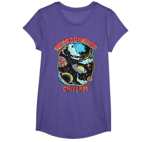 Neurodiverse Universe Neurodiversity Embrace ADHD Autism ASD T-Shirt, Girls, Purple Heather, Large