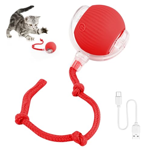 KEWUZY Katzenspielzeug Elektrisch mit LED Licht, Interaktives Katzenspielzeug, 360-Grad-Ball Automatischer Modellierung Katzenball mit Seil, USB...