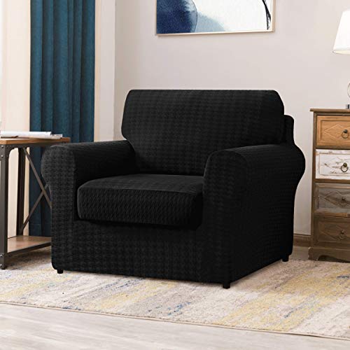 Chun Yi 3 Piece Armchair Sofa Cover, 1 Seater Stretch Couch Slipcover With One Separate Backrest And Cushion With Elastic Band, Houndstooth Fabric(Small, Black) #TOP1