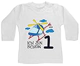 HARIZ Baby Shirt Langarm Ich Bin Schon Eins Hubschrauber Wolken 1 Geburtstag Geschenkidee Plus Geschenkkarten Milchzahn Weiß 6-12 Monate