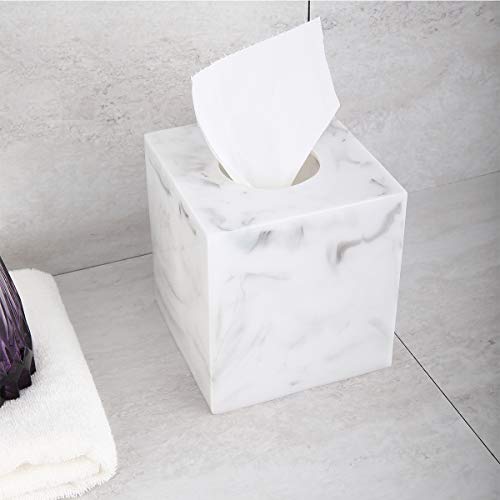 Luxspire Resin Paper Tissue Box Cover Holder, Square Facial Tissue Case, Pumping paper Roll Toilet Paper Holder Napkin Dispenser for Office Bedroom Car Bathroom Vanity Accessories Decor - White Marble - Thumbnail 2
