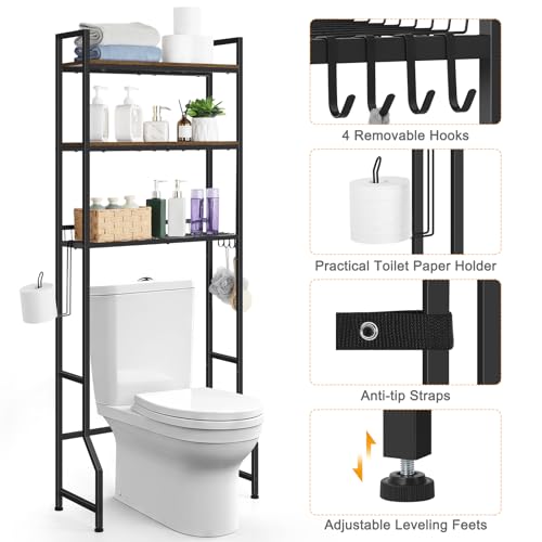 smusei Over The Toilet Storage Shelf, 3 Tier Bathroom Organizer Over The Toilet with Hooks and Toilet Paper Holder Freestanding Wooden Above Toilet Storage Cabinet Rack, Rustic Brown