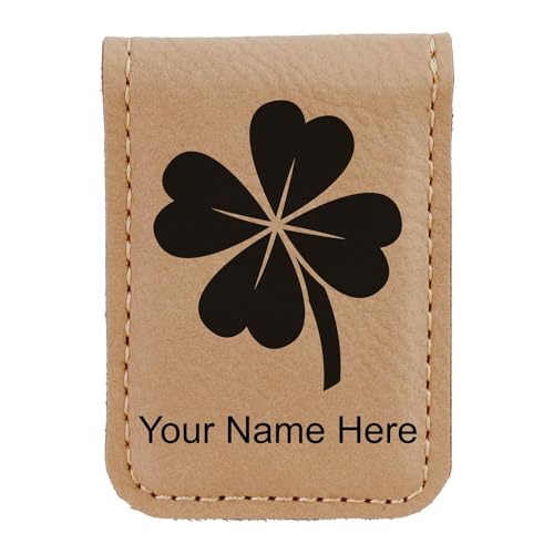 LaserGram Slim Magnetic Money Clip, Four Leaf Clover, Personalized Engraving Included (Light Brown)