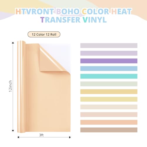 HTVRONT Boho HTV Vinyl Bundle - 12 Pack 12" × 3FT Heat Transfer Vinyl for T Shirts, Pastel Iron on Vinyl Compatible with Cricut Cutting Machine, Easy to Use HTV with 12 Macarons Color by HTVRONT - Image 2
