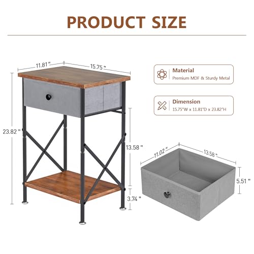 VECELO End Tables, Modern Nightstand with Fabric Drawer & Open Shelf, Night Stand for Bedroom Living Room, Industrial Metal Frame, Easy Assembly, Rustic Brown,2 Pack by VECELO - Image 7