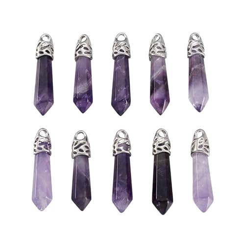 FASHEWELRY 12Pcs Amethyst Bullet Shape Gemstone Pendants Hexagonal Chakra Crystal