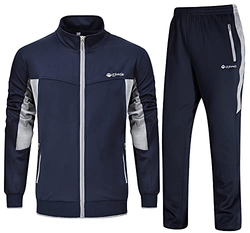Rdruko Herren-Trainingsanzüge-Sets, durchgehender Reißverschluss, Jacken, Jogginghose, 2-teilig, lässige Jogginghose, Laufhose, Sweatshirt, Tops, Sport, Lounge-Kleidung, Hellgrau und Marineblau, S Cover