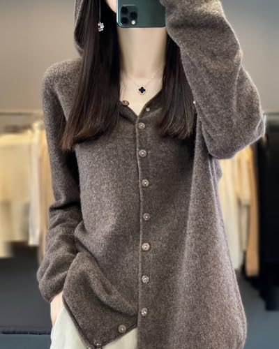 Image of Cashmere Sweaters for Women Button Down V Neck Hooded Cardigan Casual Loose Long Sleeve Soft Knit Pullover Tops