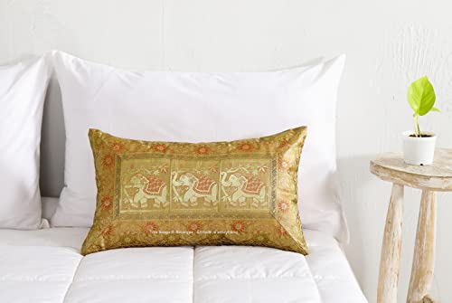 Image of Ravaiyaa - Attitude is everything Banarasi Brocade Silk Pillow Cover Elephant Design Cushion Pillow Sham Case Home Decorative Set of 2 Piece 12 inch X 20 inch Inch