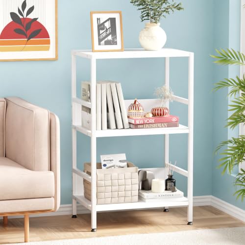 Image of Lukzer 3-Tier Wooden Bedside Table for Bedroom & Multipurpose Open Storage Shelf (MMR-006-White & White) Metal Side Tables for Living Room & Space-Saving Kitchen Organizer Rack (70 x 43 x 30 cm)