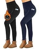 Missluck 2er Pack Thermoleggings Damen Winter Mit Taschen, High Waist Thermohose Gefüttert Fleece Thermounterwäsche Für Sport Gym（Schwarz/Marineblau,S/M ）