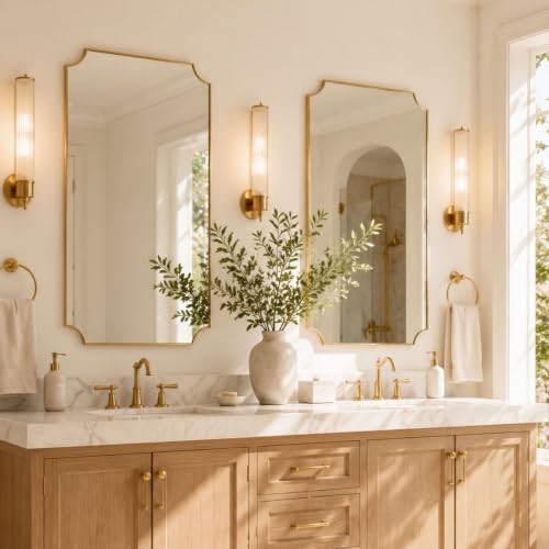 Image of TEHOME Gold Bathroom Mirrors, Brushed Brass Rectangle Scalloped Vanity Mirror for Bathroom,24x40''
