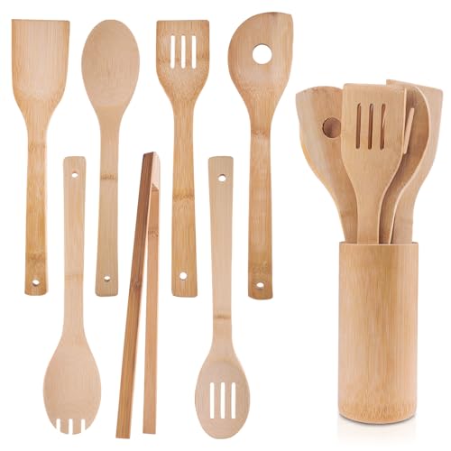 Rongxze 7 Piezas Utensilios de Cocina Madera, Incluye Colador, Cuchara de Madera, Espátula, Cuchara para Ensalada, Pinzas y Barriles, Resistente al Calor y Arañazos