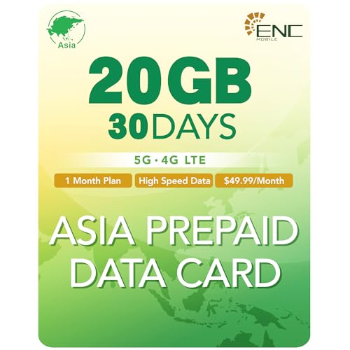 ENC Mobile Asia Data Only Sim Card 20GB 30 Days 5G/4G LTE, High Speed China Prepaid Data SIM Card, 3 in 1 Japan Travel Sim Card for 12 Asian Destinations - Korea, Singapore, Thailand, Indonesia, HK by ENC Mobile - Used condition - US$24.83