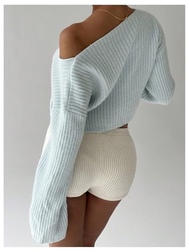 Image of Floerns Women's Long Sleeve Cropped Fall Pullover V Neck Drop Shoulder Rib Knit Sweaters Top