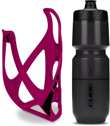 Cube HPP Cage - Matt Berry/Black & Flow Bottle - Black, 750ml / Water Drink Flask Vessel Bidon Holder Mount Bracket Kit Lightweight Plastic Drinking Hydration Biking Bike Riding Frame Accessories