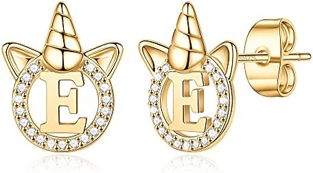 Unicorn Earrings for Girls, S925 Sterling Silver Post 14K Gold Plated Girls Earrings Alphabet Letter Cubic Zirconia Stud Earrings for Toddler Kids Unicorn Gifts for Girls