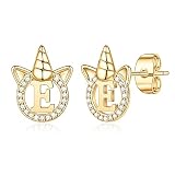 Unicorn Earrings for Girls, S925 Sterling Silver Post 14K Gold Plated Girls Earrings Alphabet Letter