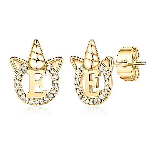 Unicorn Earrings For Girls, S925 Sterling Silver Post 14K Gold Plated Girls Earrings Alphabet Letter Cubic Zirconia Stud Earrings For Toddler Kids Unicorn Gifts For Girls #TOP23