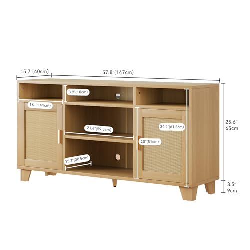 DWVO Rattan TV Stand for TVs up to 65 Inch, Entertainment Center with Rattan Door, Boho Media Console with Adjustable Shelf, 1 Solid Wood Feet, TV Stands for Living Room