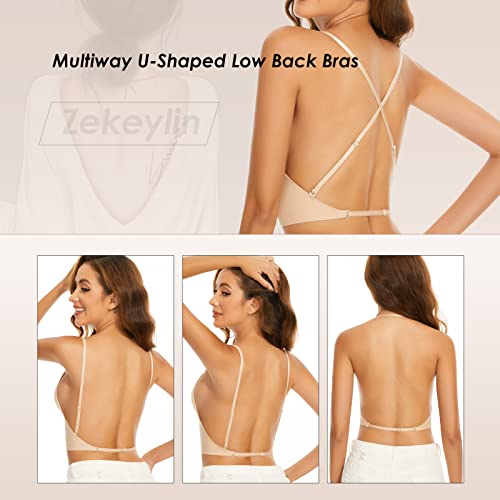 Zekeylin Low Back Bras-Wireless Triangle Strappy Bralette Low Cut Plunge Open Back Halter Bra-Invisable Backless Bras (Nude, Small) #TOP3