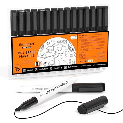 Image of Shuttle Art Dry Erase Markers, 15 Pack Black Magnetic Whiteboard Markers with Erase,Fine Point Dry Erase Markers Perfect For Writing on Whiteboards, Dry-Erase Boards,Mirrors for School Office
