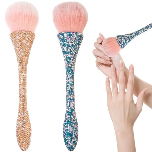 2 PCS Large Nail Art Dust Brush Shiny Rhinestone Nail Fust Brush Ultra Soft Nylon Loose Powder Makeup Brush for Cleaner Brushes forArt Cleaner Tools Shape & Makeup Brushes (Khaki, Blue）