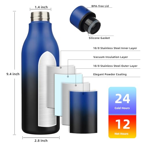 Image of BJPKPK Insulated Water Bottles, 18 oz Stainless Steel Metal Water Bottle with Strap, BPA Free Leak Proof Jugs, Mugs, Flasks, Reusable Thermal Flasks for Sports & Travel, Blue Black