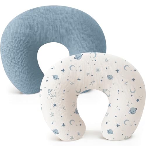 Image of Konssy 2-Pack Muslin Nursing Pillow Covers, Soft & Adorable Nursing Covers for Breastfeeding Pillows, Slipcovers for Newborn Boys & Girls(Blue, Star)