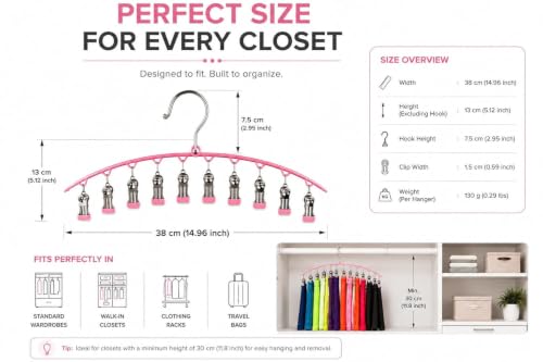 Image of Vastra Leggings Organizer for Closet, Metal Pants Hanger with 10 Rubber Coated Clips, Space Saving Wardrobe Organizer for Leggings, Jeans, Scarves, Dupattas, Towels & Baby Clothes (4, Pink)