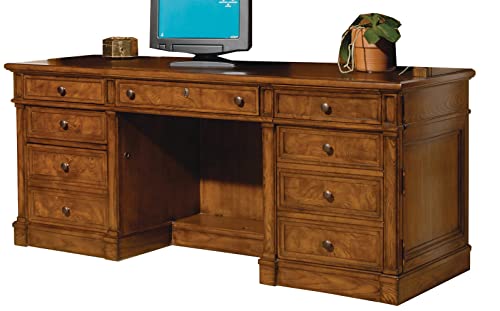 Hekman Furniture Wellington Estates Executive Desk - Leather Inset Top, Pull-Out Writing Surfaces, 5 Drawers & File Storage Traditional Wood Office Desk for Home Corporate & Professional Use