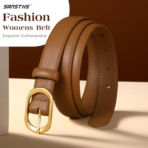 SANSTHS Women Belt for Jeans with Vintage Gold Oval Buckle, Thin Belt for Dresses Pants, Adjustable Waist Belt for Daily Fashion, Brown S - Thumbnail 2
