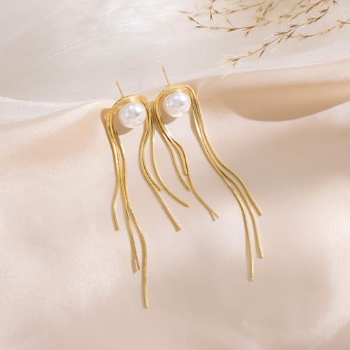 Robaice 14K Gold Plated Dangle Earrings for Women Dainty Long Tassel Pearl Drop Earrings Trendy, Hypoallergenic Dangling Snake Chain Earrings for Women Jewelry, Pearl Snake Chain 1 by Robaice - Used condition - Image 6