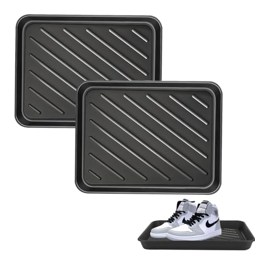 HOMURY Lot de 2 bacs d'égouttement à chaussures noirs - En plastique - 40 x 30 x 3,5 cm - Pour la neige, les pluies, l'automne, l'hiver, l'intérieur et l'extérieur