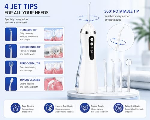 Image of Portable Water Flosser for Teeth Cleaning | Cordless Oral Irrigator with 3 Pressure Modes, 4 Jet Tips, 200ml Water Tank, IPX7 Waterproof, Rechargeable Dental Cleaner for Travel & Home