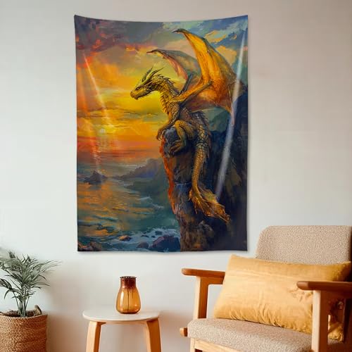 Dragon Tapestry, Fantasy Wall Hanging Golden Dragon over Ocean, 40 x 30 in