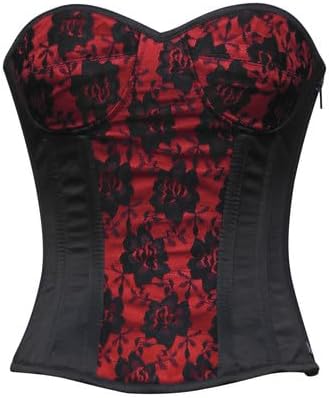 Black and Red Satin Corset Tops for Women Overbust Gothic Net Overlay Steel Boned Waist Cincher Costume