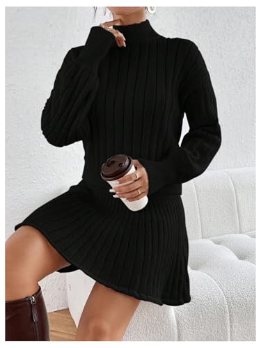 Image of MakeMeChic Women's Sweater Skirt Sets 2 Piece Outfits Ribbed Knit Mock Neck Sweater Pullovers A Line Mini Skirt Set
