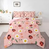 Homewish Juego de edredón individual con diseño de mariquita roja, juego de ropa de cama con diseño de mariquita de dibujos animados, escarabajos reptiles, sin funda, color rosa