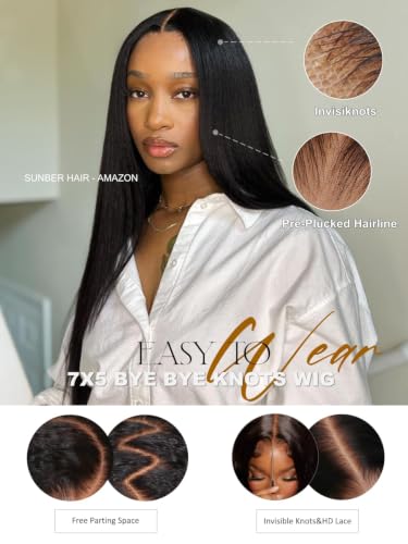 Image of Sunber Yaki Straight Human Hair Bye Bye Knots Pre Cut 7x5 Lace Front Wigs