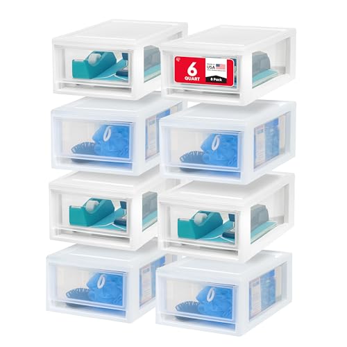 IRIS USA 6 Qt. Small Plastic Stacking Drawer, Stackable Storage Organizer Unit with Sliding Drawer for Bedroom Kitchen Under Sink Pantry Craft Room Dorm Office, White, 8-Pack
